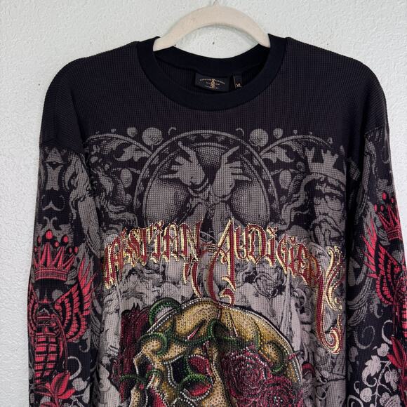 Christian Audigier Shirt Mens XL Thermal Skull Rose Rhinestone Y2K Tattoo NEW - Picture 4 of 16